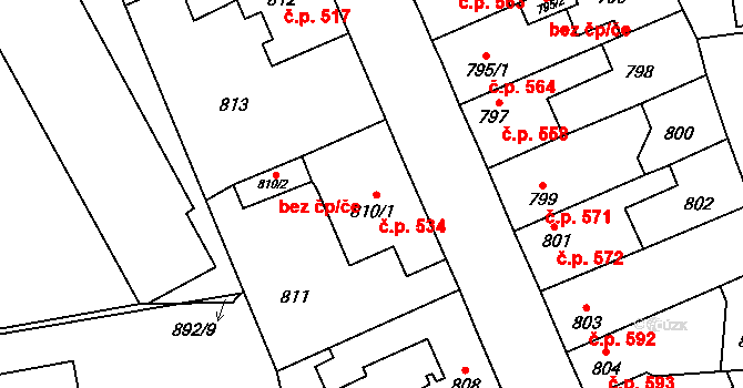 Kosmonosy 534 na parcele st. 810/1 v KÚ Kosmonosy, Katastrální mapa