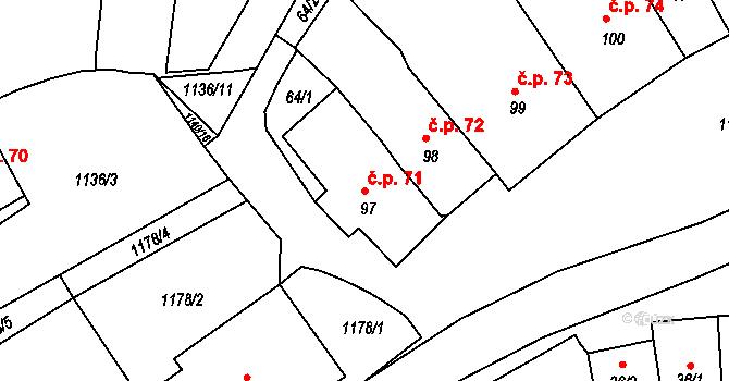 Rožmberk nad Vltavou 71 na parcele st. 97 v KÚ Rožmberk nad Vltavou, Katastrální mapa