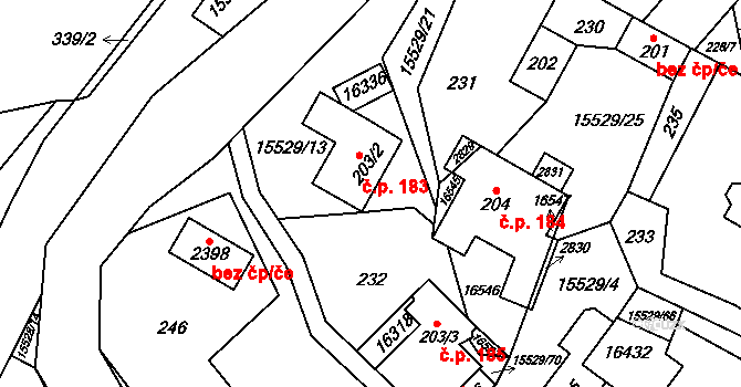 Hovězí 183 na parcele st. 203/2 v KÚ Hovězí, Katastrální mapa