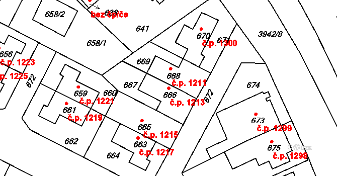 Černá Pole 1213, Brno na parcele st. 666 v KÚ Černá Pole, Katastrální mapa
