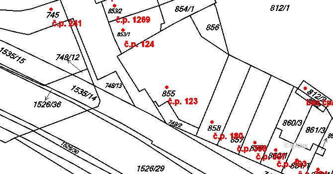Komín 123, Brno na parcele st. 855 v KÚ Komín, Katastrální mapa