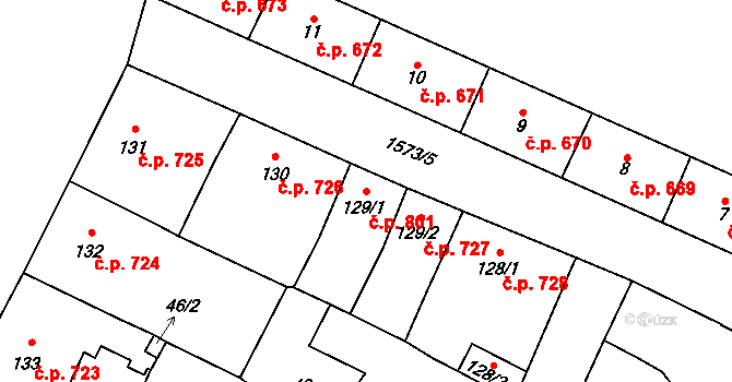 Litovel 801 na parcele st. 129/1 v KÚ Litovel, Katastrální mapa