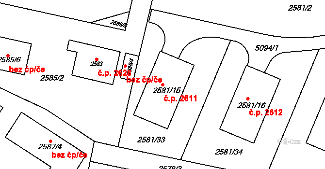 Smíchov 2611, Praha na parcele st. 2581/15 v KÚ Smíchov, Katastrální mapa