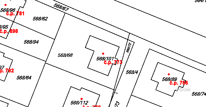 Šeberov 773, Praha na parcele st. 568/101 v KÚ Šeberov, Katastrální mapa