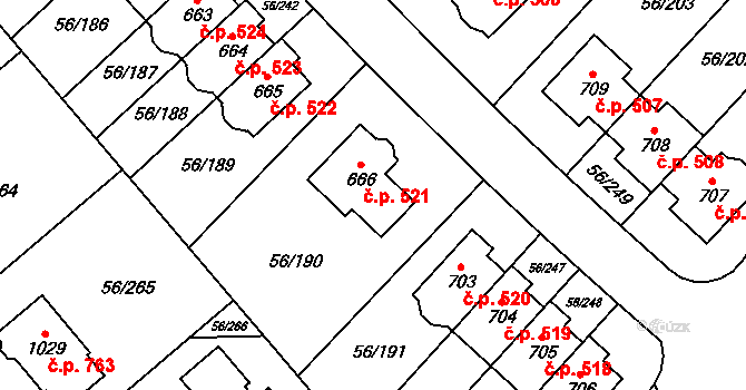 Hovorčovice 521 na parcele st. 666 v KÚ Hovorčovice, Katastrální mapa