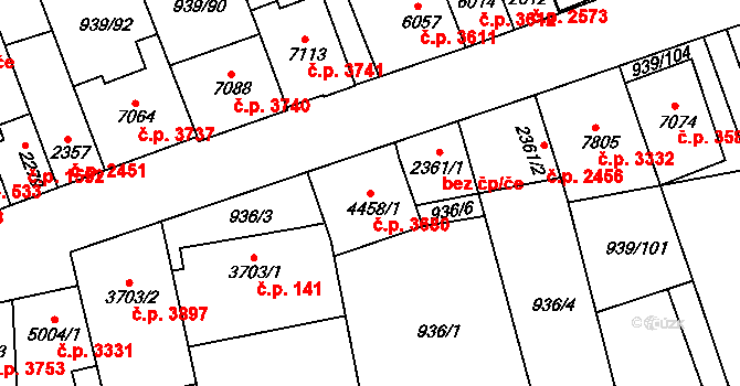 Hodonín 3680 na parcele st. 4458/1 v KÚ Hodonín, Katastrální mapa