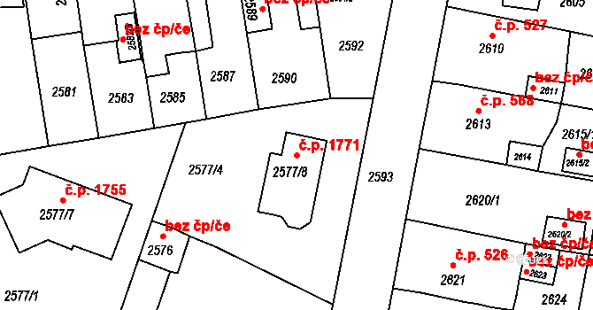 Jirkov 1771 na parcele st. 2577/8 v KÚ Jirkov, Katastrální mapa