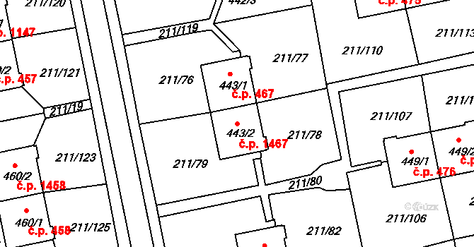 Sezimovo Ústí 1467 na parcele st. 443/2 v KÚ Sezimovo Ústí, Katastrální mapa