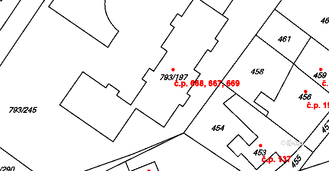 Výškovice 667,668,669, Ostrava na parcele st. 793/197 v KÚ Výškovice u Ostravy, Katastrální mapa