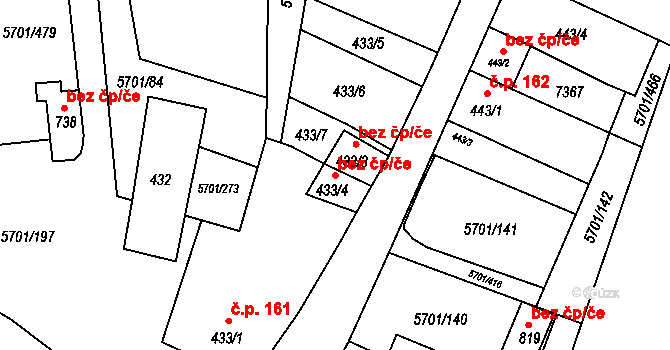 Hrádek 40976335 na parcele st. 433/4 v KÚ Hrádek u Znojma, Katastrální mapa