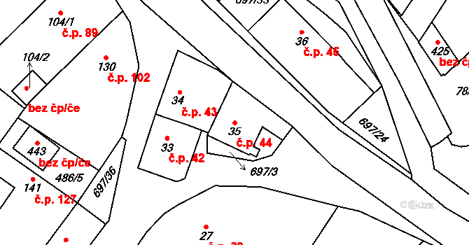 Mariánské Radčice 44 na parcele st. 35 v KÚ Mariánské Radčice, Katastrální mapa