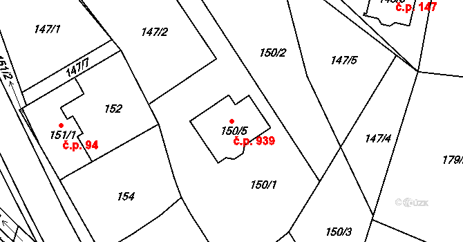 Srubec 939 na parcele st. 150/5 v KÚ Srubec, Katastrální mapa
