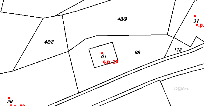 Liboměřice 23 na parcele st. 61 v KÚ Liboměřice, Katastrální mapa