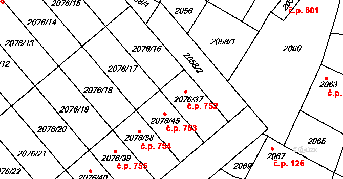 Veselí nad Lužnicí II 752, Veselí nad Lužnicí na parcele st. 2076/37 v KÚ Veselí nad Lužnicí, Katastrální mapa