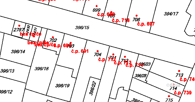 Přelouč 712 na parcele st. 704 v KÚ Přelouč, Katastrální mapa
