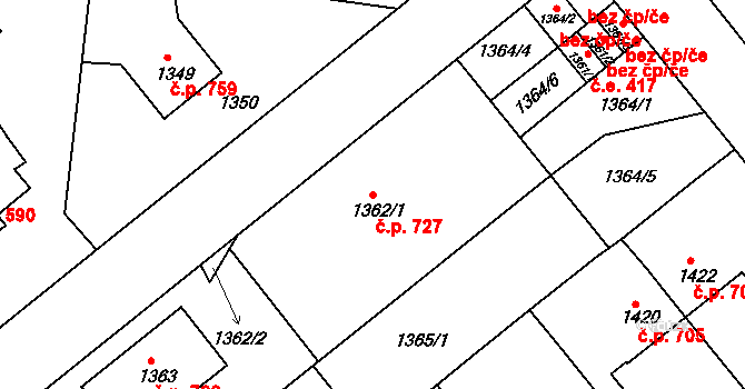 Podbořany 727 na parcele st. 1362/1 v KÚ Podbořany, Katastrální mapa