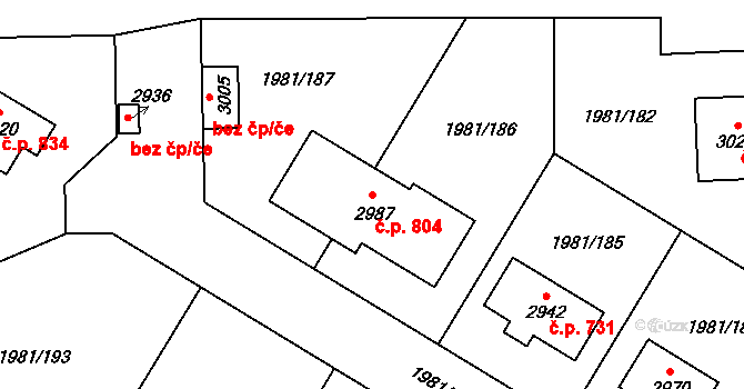 Litice 804, Plzeň na parcele st. 2987 v KÚ Litice u Plzně, Katastrální mapa
