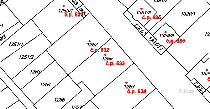 Hrušky 533 na parcele st. 1255 v KÚ Hrušky, Katastrální mapa