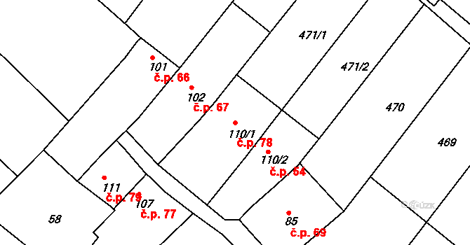 Šelešovice 78 na parcele st. 110/1 v KÚ Šelešovice, Katastrální mapa