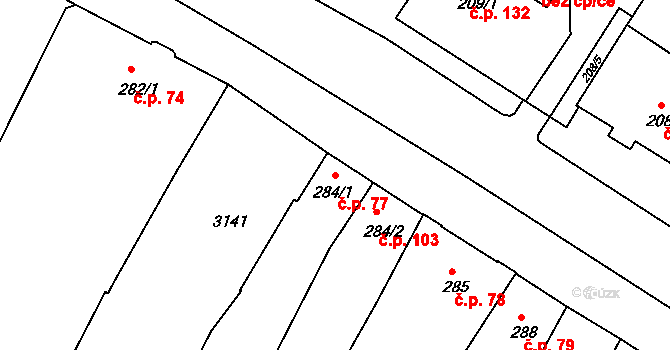 Bystřice pod Hostýnem 77 na parcele st. 284/1 v KÚ Bystřice pod Hostýnem, Katastrální mapa
