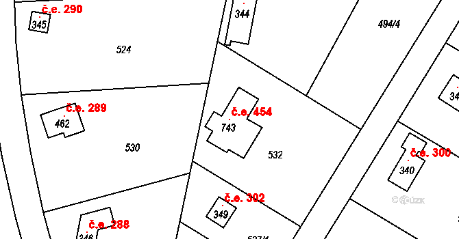 Černolice 454 na parcele st. 743 v KÚ Černolice, Katastrální mapa