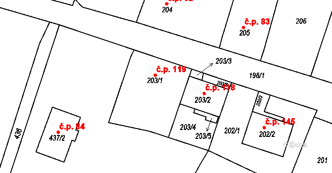 Dyje 119 na parcele st. 203/1 v KÚ Dyje, Katastrální mapa