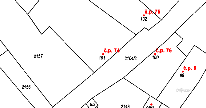 Olbramkostel 74 na parcele st. 101 v KÚ Olbramkostel, Katastrální mapa