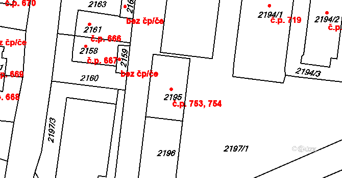 Zruč nad Sázavou 753,754 na parcele st. 2195 v KÚ Zruč nad Sázavou, Katastrální mapa