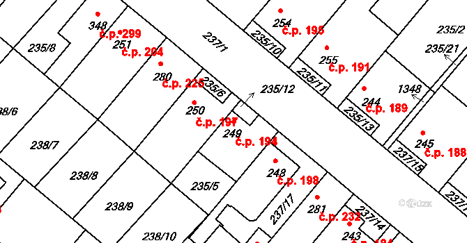 Lázně Toušeň 194 na parcele st. 249 v KÚ Lázně Toušeň, Katastrální mapa