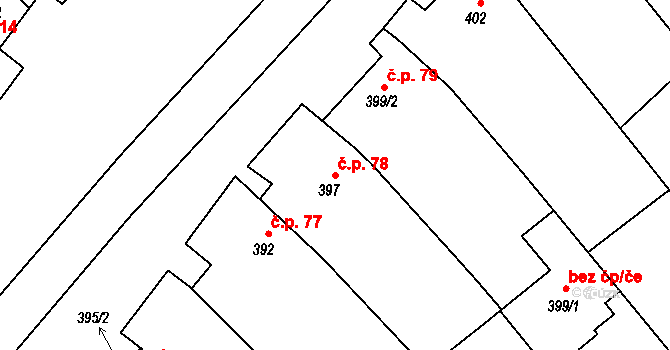 Šaratice 78 na parcele st. 397 v KÚ Šaratice, Katastrální mapa