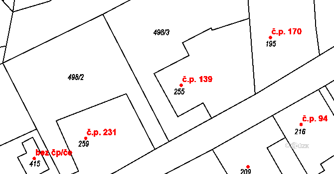 Broumy 139 na parcele st. 255 v KÚ Broumy, Katastrální mapa