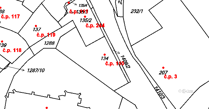 Miletín 110 na parcele st. 134 v KÚ Miletín, Katastrální mapa