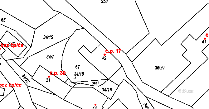 Hřídelec 17, Lázně Bělohrad na parcele st. 43 v KÚ Hřídelec, Katastrální mapa