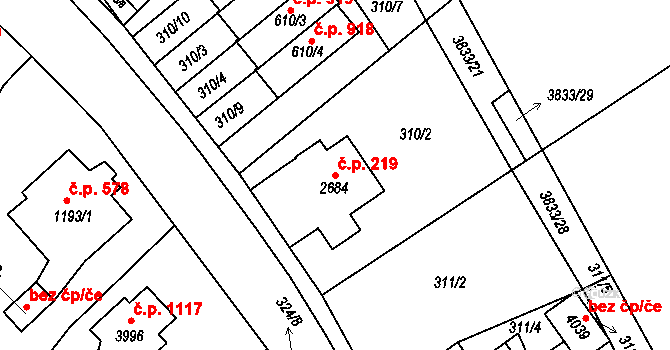 Žichlínské Předměstí 219, Lanškroun na parcele st. 2684 v KÚ Lanškroun, Katastrální mapa