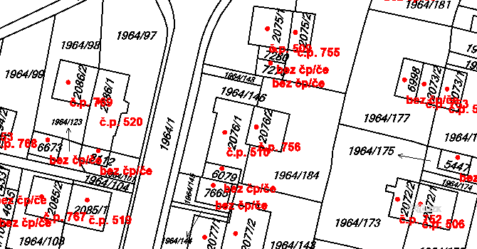 Borovina 510, Třebíč na parcele st. 2076/1 v KÚ Třebíč, Katastrální mapa