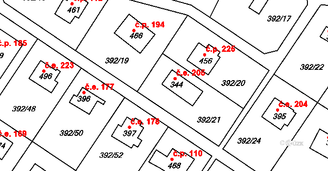 Zdiby 205 na parcele st. 344 v KÚ Zdiby, Katastrální mapa