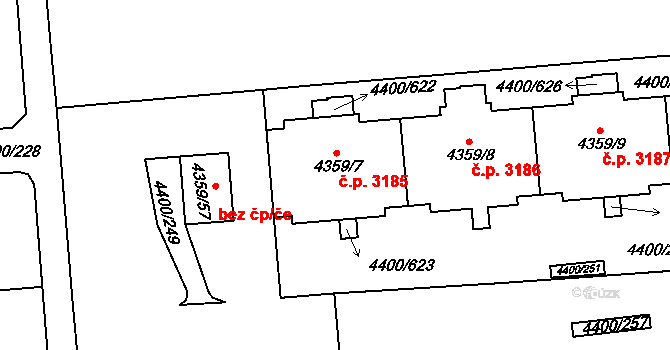 Modřany 3185, Praha na parcele st. 4359/7 v KÚ Modřany, Katastrální mapa
