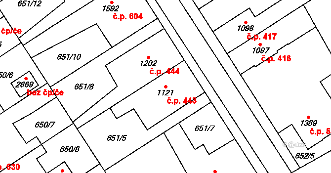 Kukleny 443, Hradec Králové na parcele st. 1121 v KÚ Kukleny, Katastrální mapa