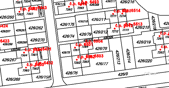 Otrokovice 6504 na parcele st. 728/4 v KÚ Otrokovice, Katastrální mapa