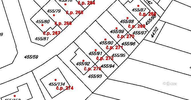 Roudné 272 na parcele st. 455/91 v KÚ Roudné, Katastrální mapa