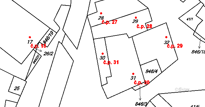 Lhotice 31 na parcele st. 30 v KÚ Lhotice u Jemnice, Katastrální mapa