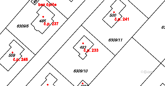 Trnava 233 na parcele st. 483 v KÚ Trnava u Třebíče, Katastrální mapa