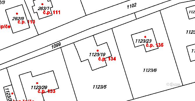 Nahořany 134 na parcele st. 1123/19 v KÚ Nahořany nad Metují, Katastrální mapa
