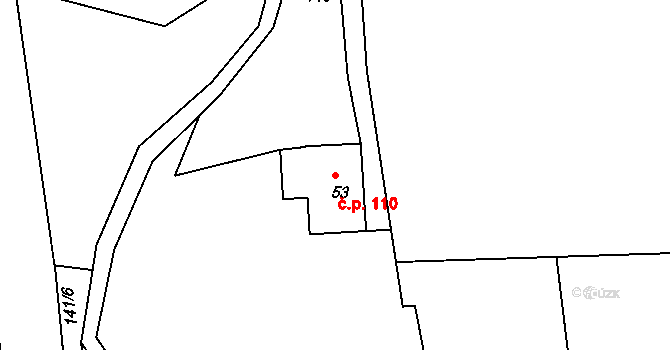 Rožmitál 110, Broumov na parcele st. 53 v KÚ Rožmitál, Katastrální mapa