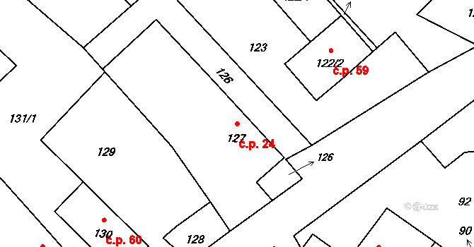 Jestřabí 24, Fulnek na parcele st. 127 v KÚ Jestřabí u Fulneku, Katastrální mapa