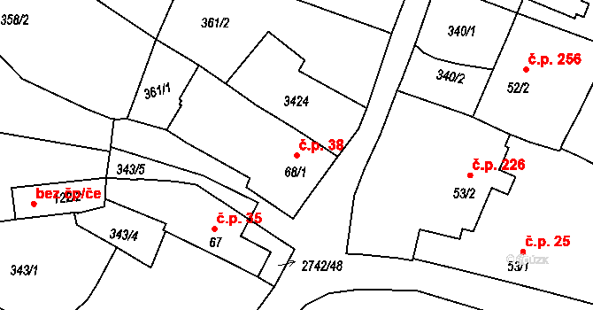 Hluboké Mašůvky 38 na parcele st. 68/1 v KÚ Hluboké Mašůvky, Katastrální mapa