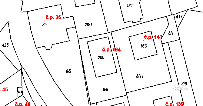 Dobříč 134 na parcele st. 200 v KÚ Dobříč u Prahy, Katastrální mapa