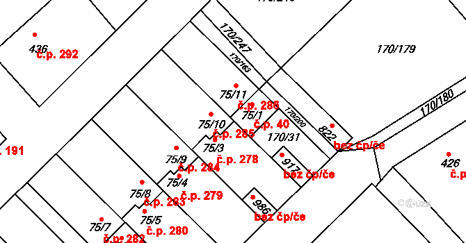 Brandýsek 40 na parcele st. 75/1 v KÚ Brandýsek, Katastrální mapa