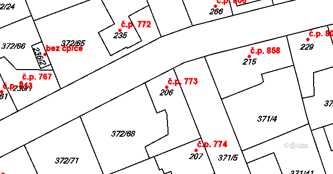Hostivice 773 na parcele st. 206 v KÚ Litovice, Katastrální mapa