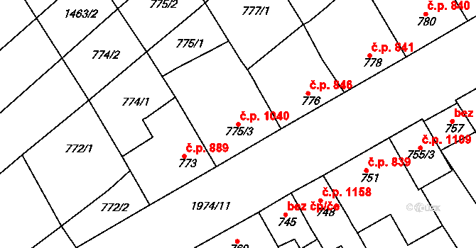 Mistřín 1040, Svatobořice-Mistřín na parcele st. 775/3 v KÚ Mistřín, Katastrální mapa